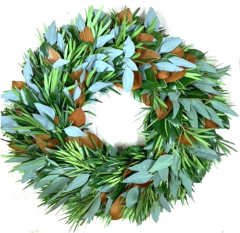 Jingle Bells Wreath featuring olive, eucalyptus, and magnolia leaves. A festive, aromatic wreath perfect for indoor or covered outdoor holiday decor